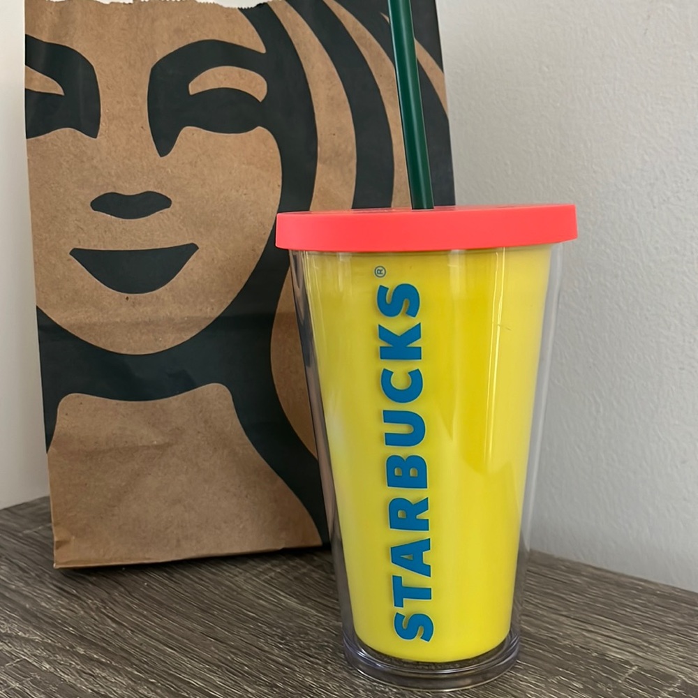 Starbucks Neon Yellow Coral Logo Summer Cold Cup Acrylic Tumbler 16 Oz Straw